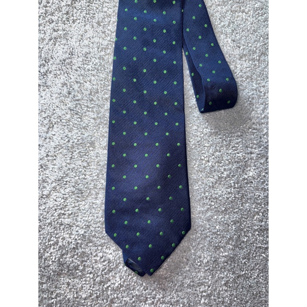 Lands'‎ End Long Neck Tie / Navy Green Polka Dots / 100% Silk/ L-60in & W-3.5in